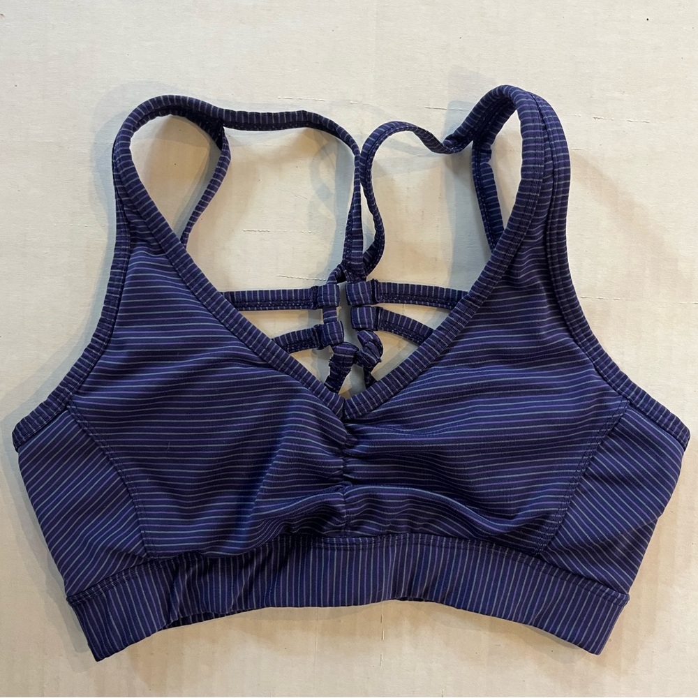 Prana Dreaming sports bra purple striped strappy caged back V neck size XS - Picture 2 of 8